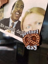 Load image into Gallery viewer, Pretzel Day Pin / Magnet with Hand Painted Lettering
