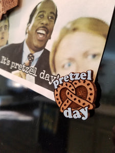 Pretzel Day Pin / Magnet with Hand Painted Lettering